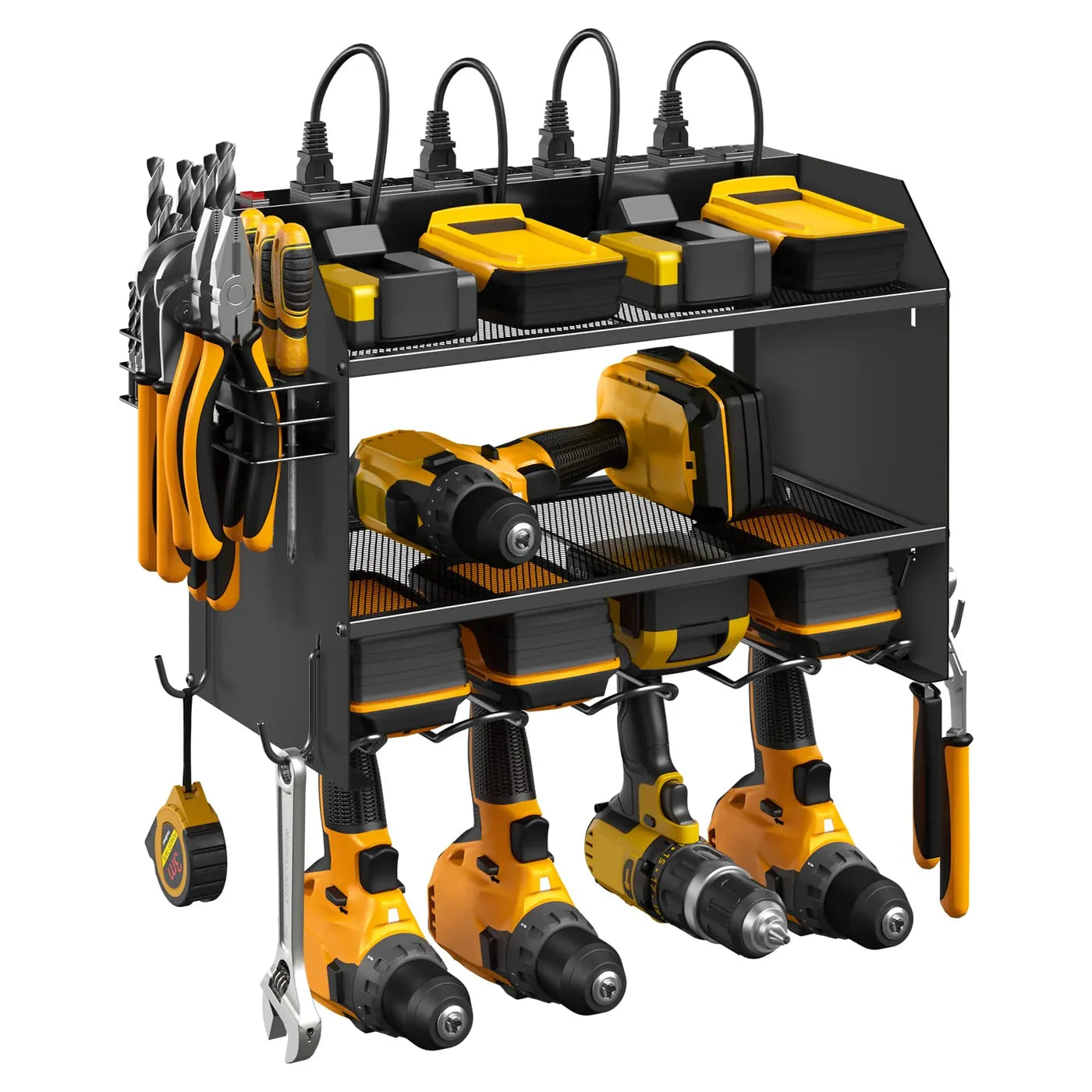 The CCCEI Modular Power Tool Organizer is a wall-mounted storage rack designed for garages. It has a built-in charging station with 8 power outlets